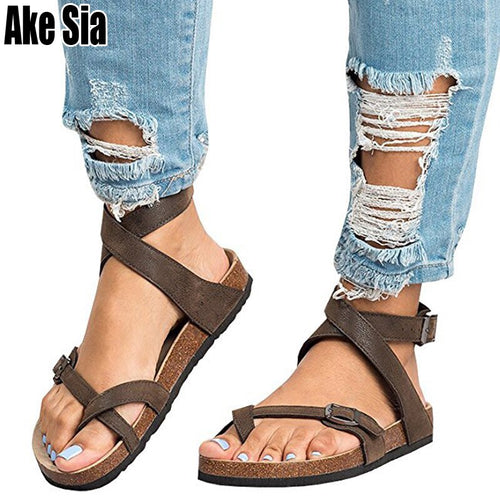 Ake Sia Summer Women' Feminina Belt Buckle Hollow Out Comfort Roman Flat-Bottomed Flip Flops Pedal Gladiator Sandals Shoes A369