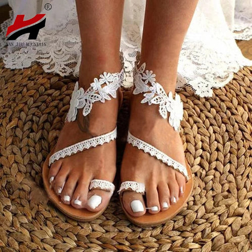 NAN JIU MOUNTAIN Summer Sandals Women's Flat Sandals Solid Color Lace Open Toe Wedding Plus Size 34-43