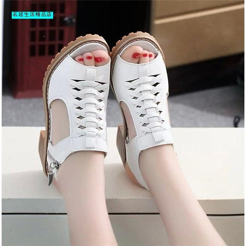 Woman Vintage Elegant Mid Square Heel Women's Sandals Summer Style Peep Toe Cross Tied Side Zip Design Shoes