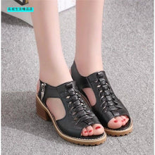 Load image into Gallery viewer, Woman Vintage Elegant Mid Square Heel Women&#39;s Sandals Summer Style Peep Toe Cross Tied Side Zip Design Shoes