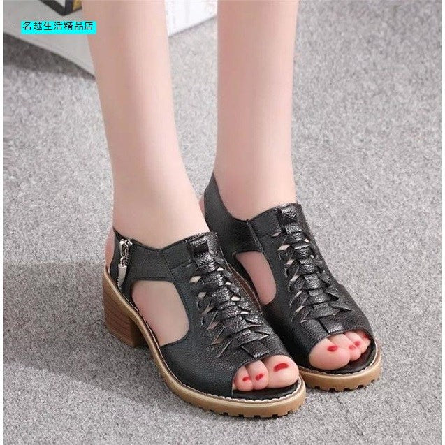 Woman Vintage Elegant Mid Square Heel Women's Sandals Summer Style Peep Toe Cross Tied Side Zip Design Shoes