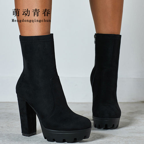 Women Boots Pumps Platform Chunky Heels Round Toe Ankle Boots Mujer Sexy Ladies Zip Increase High Heeled Boots Women Size 35-42