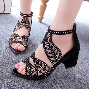 High Heels Women's Sandals Hollow Rhinestone Platform Sandals Thick High Heel Leisure PU Ankle-Wrap Sandals Female