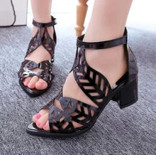 Load image into Gallery viewer, High Heels Women&#39;s Sandals Hollow Rhinestone Platform Sandals Thick High Heel Leisure PU Ankle-Wrap Sandals Female