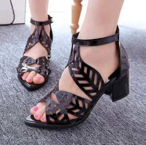 High Heels Women's Sandals Hollow Rhinestone Platform Sandals Thick High Heel Leisure PU Ankle-Wrap Sandals Female