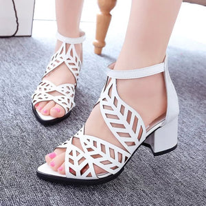 High Heels Women's Sandals Hollow Rhinestone Platform Sandals Thick High Heel Leisure PU Ankle-Wrap Sandals Female