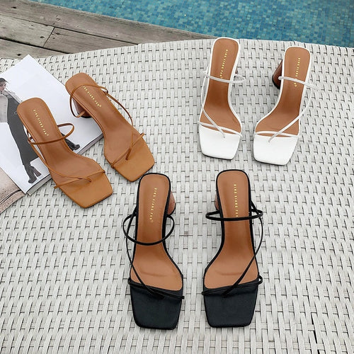 2019 new Wood Heel Slipper Women's Sandals Vintage Square Toe Narrow Band High Heel Sandals Women Summer Shoes Women -85