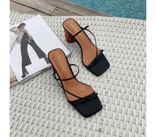 Load image into Gallery viewer, 2019 new Wood Heel Slipper Women&#39;s Sandals Vintage Square Toe Narrow Band High Heel Sandals Women Summer Shoes Women -85