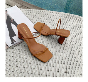 2019 new Wood Heel Slipper Women's Sandals Vintage Square Toe Narrow Band High Heel Sandals Women Summer Shoes Women -85