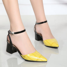 Load image into Gallery viewer, Summer 2019 New Women Point Toe Sandals Medium Heel Belt Ankle Strap Fashion Rough Heeled Women&#39;s Yellow Shoes