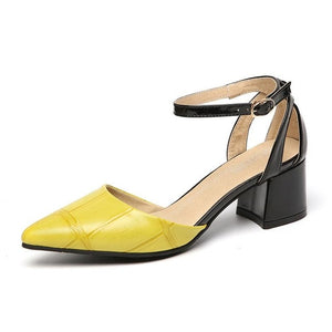 Summer 2019 New Women Point Toe Sandals Medium Heel Belt Ankle Strap Fashion Rough Heeled Women's Yellow Shoes