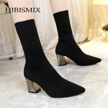 Load image into Gallery viewer, HIBISMIX Women Black Ankle Sock Boots 2019 Fashion Spring Autumn Stretch Boots Chunky High Heels Pointed Toe Women Shoes 1218