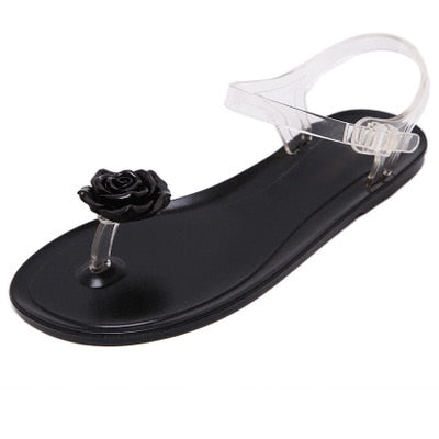 Summer transparent jelly sandals girls flowers flat flat with toe plastic plastic soft bottom holiday beach beach women's shoes