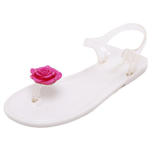 Summer transparent jelly sandals girls flowers flat flat with toe plastic plastic soft bottom holiday beach beach women's shoes