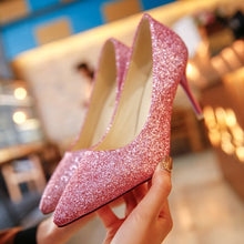 Load image into Gallery viewer, 2019 autumn new fashion sequins high heels Korean version of the wild pointed shallow mouth banquet wedding shoes