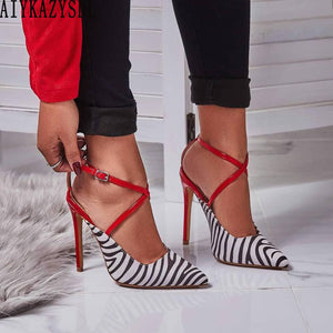 BIGTREE Women Fetish Party Shoes Zebra Striped Mixed Color Contrast High Heels Woman Pumps Rome Sandals Cross Strap Stilettos